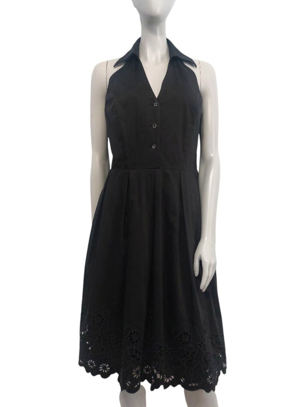 Black Halter Top Dress Size 10 Cotton Fit Flare Retro Flower Buttons Rockabilly